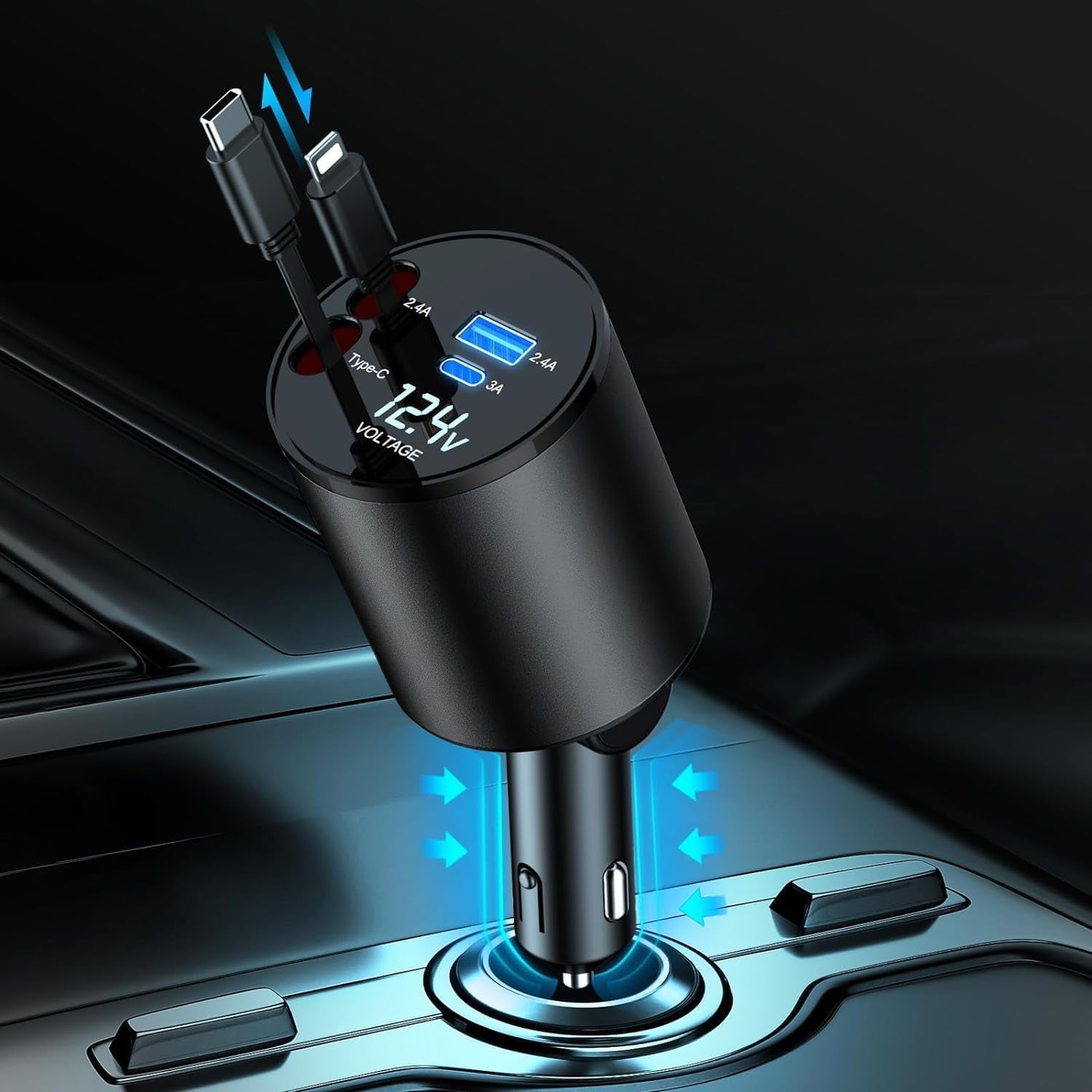 Retractable Car Charger, 4 in 1 Super Fast Car Phone Charger 60W, 2 Retractable Cables and 2 USB Ports Car Charging Adapter,Compatible with Iphone 17/16/15/14/13/12/11,Air-Pods Pro 3,Galaxy,Pixel