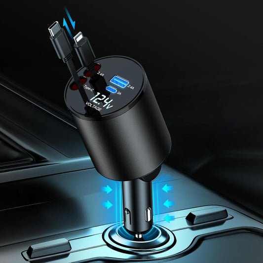 Retractable Car Charger, 4 in 1 Super Fast Car Phone Charger 60W, 2 Retractable Cables and 2 USB Ports Car Charging Adapter,Compatible with Iphone 17/16/15/14/13/12/11,Air-Pods Pro 3,Galaxy,Pixel